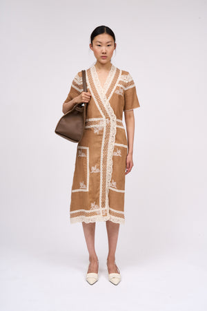 Hand embroidered rami midi length wrap dress