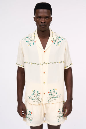 Hand embroidered crepe de chine short sleeve shirt