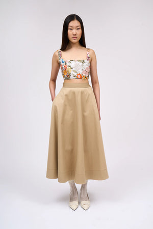 High-waisted belted cotton midi skirt