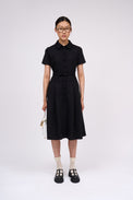 Knee-length dress with short sleeves in virgin wool