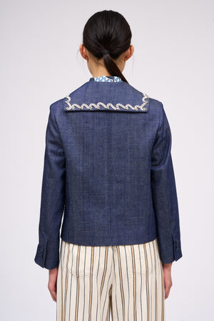 Short straight jacket with peacoat collar in raw denim