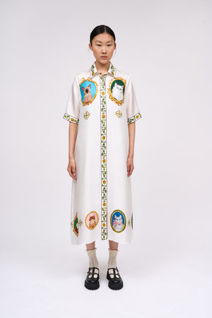 Midi-length shirt dress in printed silk twill