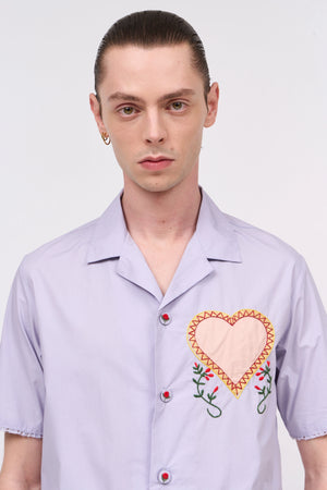 Hand embroidered cotton poplin short sleeve shirt