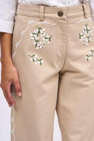 Pantalon en canvas de coton brodé à la main