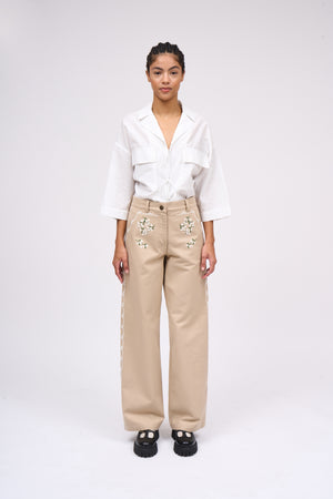 Hand-embroidered cotton canvas pants