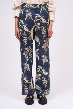 Linen pants printed and embroidered by hand