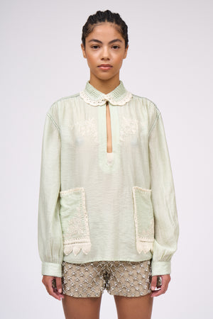 Blouse in hand-embroidered and crocheted cotton voile