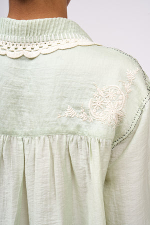 Blouse in hand-embroidered and crocheted cotton voile