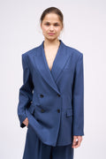 Long, wide-cut tailored jacket in virgin wool and Panama silk