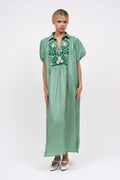 Long flowing dress in hand-embroidered silk