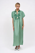 Long flowing dress in hand-embroidered silk