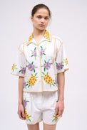 Short-sleeved shirt in hand-embroidered cotton poplin