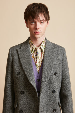 Long straight-cut coat in Harris Tweed herringbone tweed woolen fabric