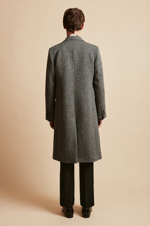 Long manteau coupe droite en lainage tweedé chevron Harris Tweed