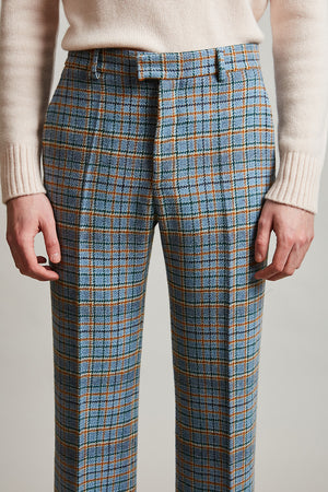 Flare pants with wide lapels in wool tartan woven in France