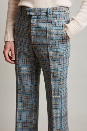 Flare pants with wide lapels in wool tartan woven in France