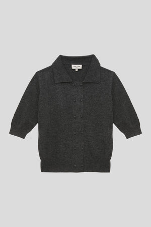 Short-sleeved cashmere cardigan with small covered buttons on the front