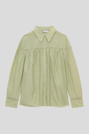 Straight-cut shirt with yokes and lace in cotton and silk poplin