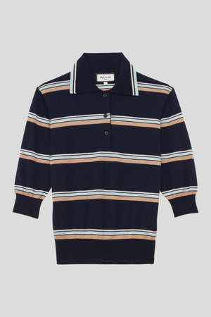 Tricolor striped merino knit polo shirt