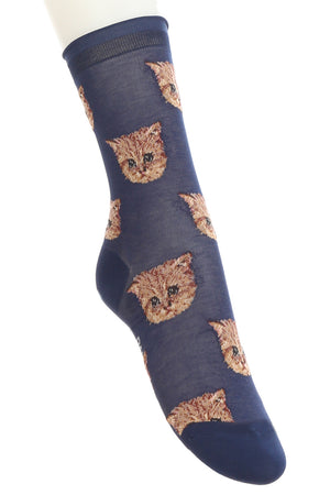 Chaussettes à tête de chat porté - Bleu Nuit