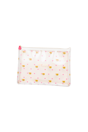 Transparent flat pouch with heart and Nounette patterns