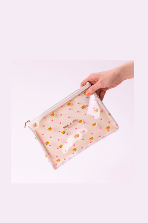 Transparent flat pouch with heart and Nounette patterns