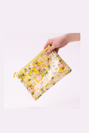 Flat pouch transparent yellow floral pattern