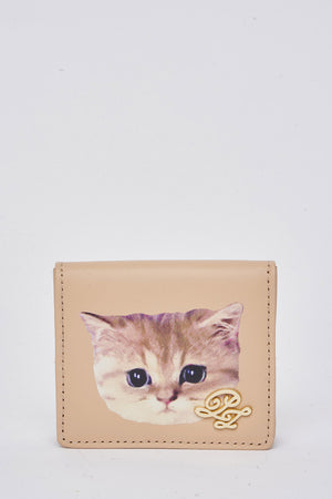Porte monnaie en cuir imprimé chat - Beige & Violet