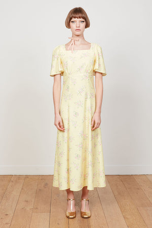 Robe en crepe évasée à l'imprimé floral plein pied - Jaune