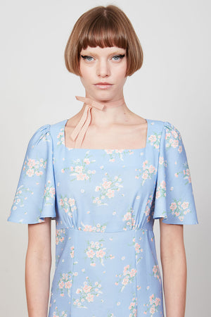 Robe en crepe évasée à l'imprimé floral face - Bleu