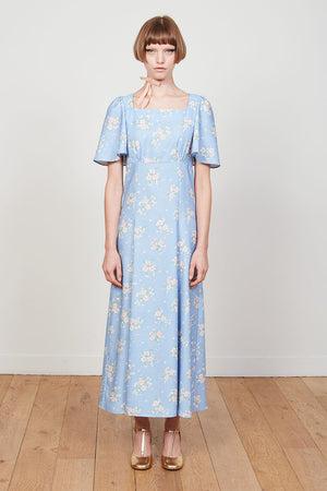 Robe en crepe évasée à l'imprimé floral plein pied - Bleu