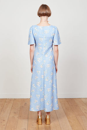 Robe en crepe évasée à l'imprimé floral dos - Bleu