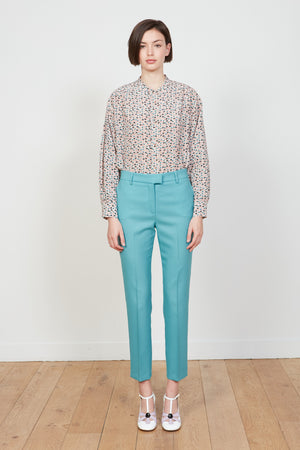 Pantalon fuselé uni en laine tropicale plein pied - Turquoise