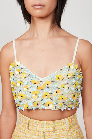 Brassière en organza de soie brodée de fleurs zoom - Jaune