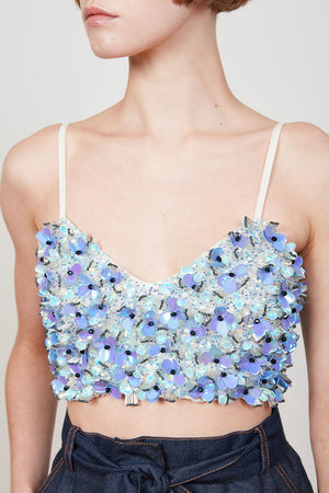 Brassière en organza de soie brodée de fleurs zoom - Bleu