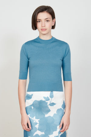 Pull en maille jersey aux manches 3/4 face - Bleu