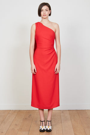 Long plain dress in satin-backed crepe