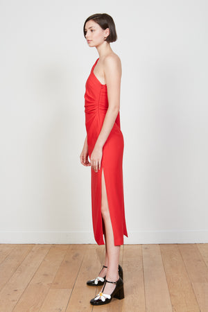 Long plain dress in satin-backed crepe