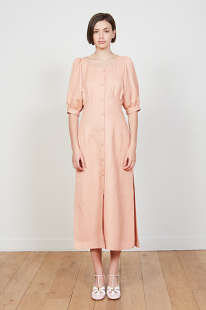 Robe longue en twill aux manches ballon plein pied - Nude