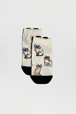 Chaussettes basses motif chats - Ecru